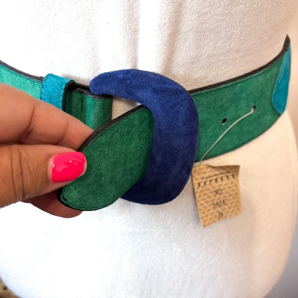 Express Vintage 80s Colorblock Suede Belt Small Blue Green Statement Artsy Funky
